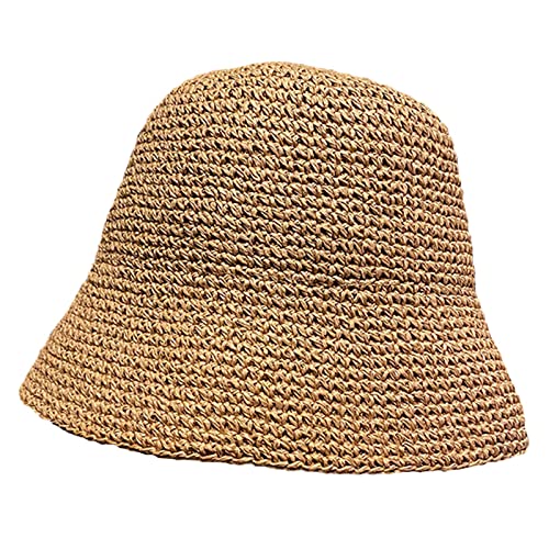 Fronage Women's Straw Bucket Hats Foldable Floppy Beach Cloche Hat Summer Casaul Sun Caps Packable Boho Visor Hats Khaki