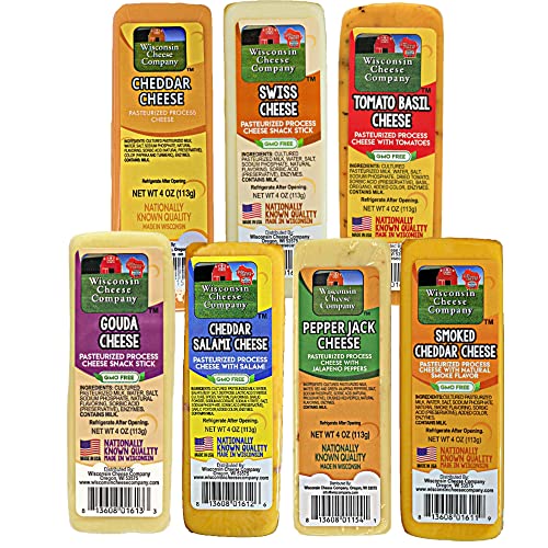 Wisconsin Cheese Company - Specialty 100% Wisconsin Cheese Block Assortment Sampler - (Pack of 7 Blocks) Cheddar, Pepper Jack, Swiss, Gouda, Salami, Smoked Cheddar & Tomato Basil | Perfect for Parties, Charcuterie Boards and Birthday Gifts | Great Birthday Gift for Cheese Lovers
