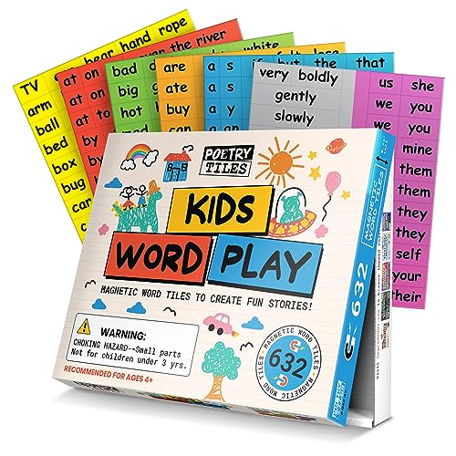 Kids Word Play – 632 Fridge Magnets for Children – Explore Sentence Building, Writing, Poetry, and Imagination with Magnet Words for Your Refrigerator – Includes Color-Coded Tiles