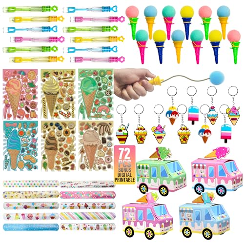 Ice Cream Party Favor 72 PCS Slap Treat Box Bracelets DIY Stickers Icecream Cone Foam Ball Keychain Bubble Gift Rewards for Kids Candyland Birthday Supply