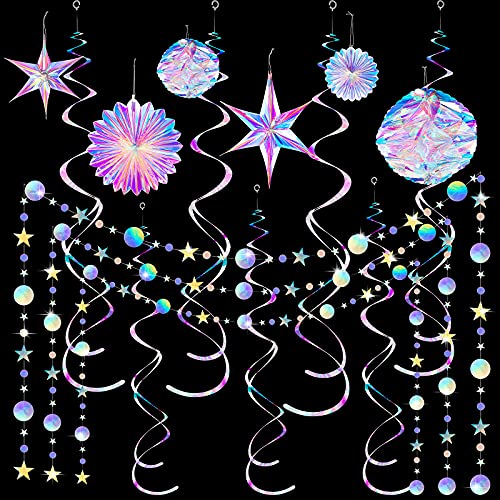 Ganory 29 Pieces Iridescent Holographic Party Supplies Kit with Hanging Honeycomb Ball Decorative Paper Fan Snowflake Garlands White Star Hanging Swirl Decorations for Birthday Wedding Party Home