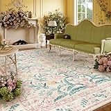 Lahome Large Rugs for Living Room,Boho Machine Washable Area Rugs 8x10,Ultra-Thin Floral Rug Non Slip,Vintage Distressed Soft Carpet for Bedroom Office Dining Room,Pink/Multi