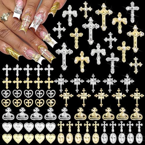 BELICEY 3D Cross Nail Charms 86Pcs Cross Heart Planet Charms for Nails Gold Silver Nail Cross Alloy Cross Charms and Gems Y2k Nail Jewelry Crystal Rhinestones for DIY Nail Art Design Crafts