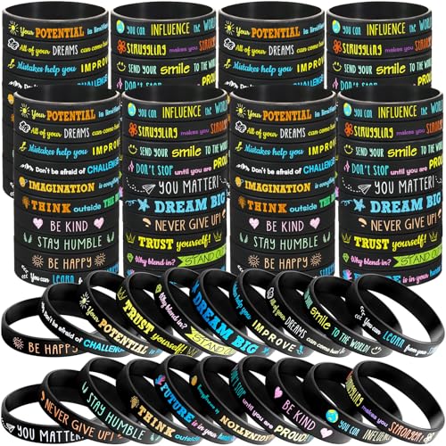 120 Pcs Motivational Quote Silicone Bracelets Bulk Colored Inspirational Rubber Wristbands Unisex Accessories for Women Men Teacher Home Office Party Favor Gifts Supplies(Black)