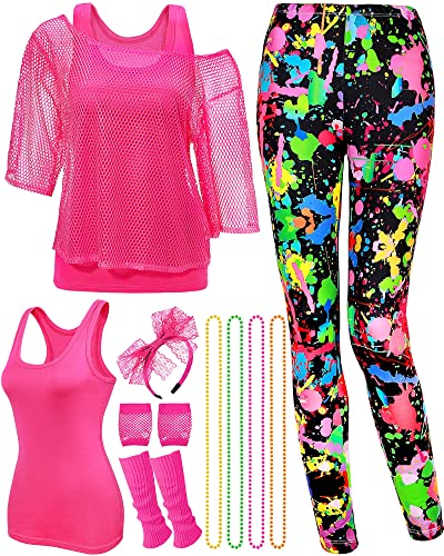 Jadive 12 Pcs 80s Costume Outfits Accessories for Woman Party Fishnet Shirt Legging Vest Hairband Necklace Gloves Leg Warmer(Rose Red, Splash Printed, Small)