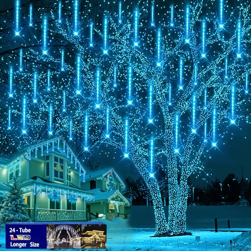 Outdoor Christmas Decorations, 24Tubes(Equivalent to 3 Sets of 8-Tubes) Purtuemy Meteor Shower Lights Ice Blue LED Icicle Christmas Lights for Halloween Xmas Decorations Tree Party Yard Outdoor