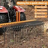 72 Inch 3 Point Tractor Rake, Pine Straw Needle Rake, Durable Powder Coated Steel Spring Landscape Rake Fit for Cat0, Cat1, Orange