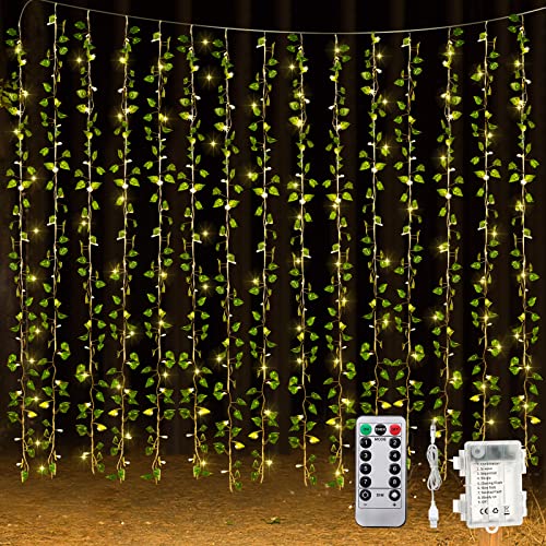 Unittype 300 LED Fake Ivy Vines Window Curtain String Light for Bedroom, Artificial Hanging Ivy Vines Plant Garland with Light for Wall Garden Outdoor Indoor Decor(Ivy Leaf)