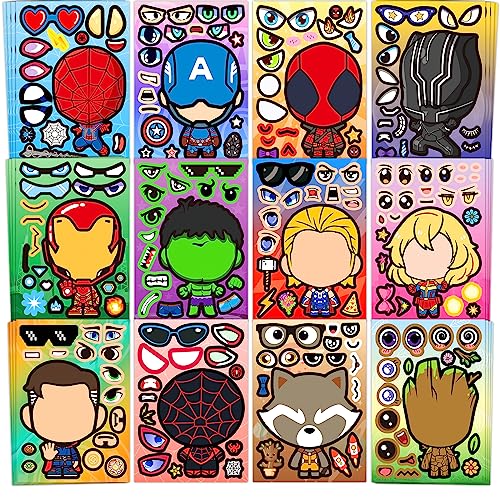 48 Sheets Make Your Own Stickers for Kids, DIY Make Superhero Face Stickers for Boys Girls, Party Favors Supplies Art Craft Family School Reward