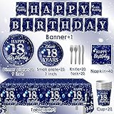 GREHUMOR 142Pcs 18th Birthday Tableware Decorations for Boys Sliver Blue Happy 18 Birthday Party Supplies Disposable Tablecloth,Plates,Napkins,Cups,Forks and Knives for Boys 18th Birthday Party