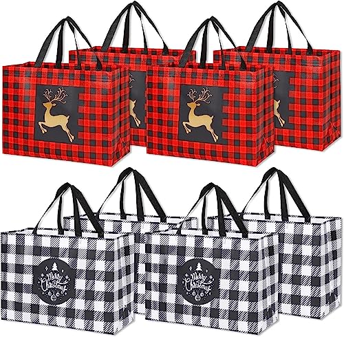 YANGTE 8 Pack Extra Large Christmas Gift Bags, Reusable Tote Bags with Handle Non-Woven Christmas Grocery Shopping Totes for Holiday Xmas, 16.9 * 12.6 * 6.8"