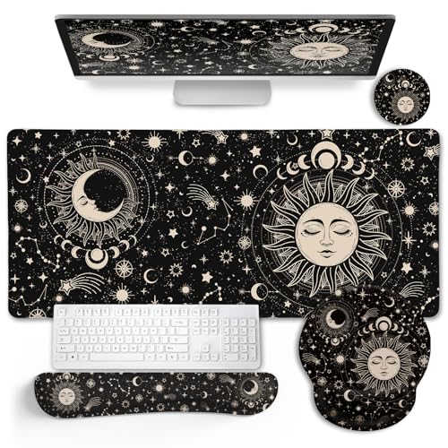LIMKRIAN Sun Moon Mouse Pad Set Desk Mat Pad, XXL Large Gaming Mouse Pad with Wrist Rest, Ergonomic Mouse Pad, Keyboard Wrist Rest, Coaster, Home Office Desk Accessories Decor Supplies, Boho Abstract