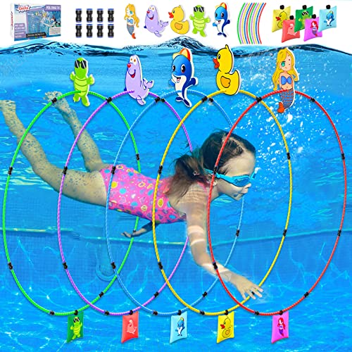 Gushu Diving Toys 15 PCS Pool Toys for Kids Age 4-8 8-12 Water Swim Thru Rings with Buoys and Sandbags Underwater Training Program Swimming Pool Games Water Sports Gifts