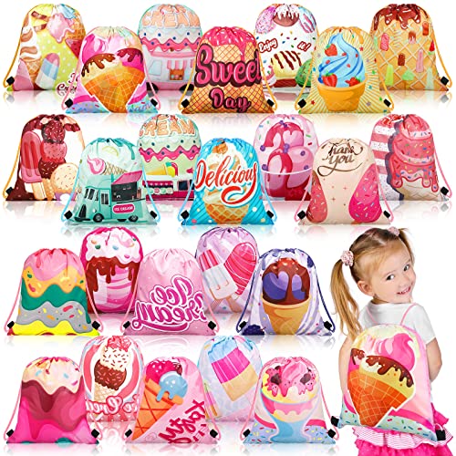 24 Pcs Drawstring Party Favors Bags Ice Cream Party Favor Bags Kids Birthday Party Favor Bags Drawstring Backpack Gift Bags Candy Goodies Treat Gift Bags for Girls Boys Birthday Party with Drawstring