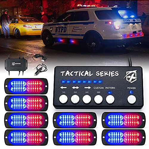 Xprite 24 LED Surface Mount Strobe Lights Kit with Control Panel, Grill Grille Flashing Emergency Warning Police Side Marker Light for Trucks Vehicles ATV RV Cars Van Red Blue, 8PCS