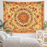 Accnicc Yellow Sun and Moon Tapestry Vintage Indie Boho Tapestry Wall Hanging with Sunflowers Butterfly Moth Constellation Aesthetic Wall Tapestries for Bedroom Dorm Living Room (Orange, 70.8'' ×