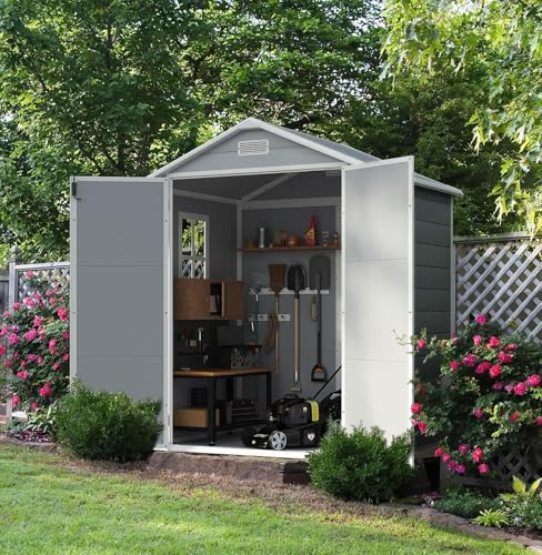 Devoko 6x4 FT Outdoor Storage Shed, Plastic Resin Garden Shed with Lockable Door & Built-in Floor, Waterproof Tool Shed for Backyard, Patio, Lawn, Pool Supplies (Grey)