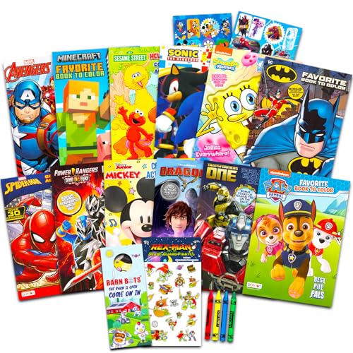 12 Bulk Superhero Coloring Books for Boys Ages 4-8 - Assorted 12 Coloring Books Featuring Sonic, Batman, Avengers, Power Rangers | Bundle with Coloring Utensils, Stickers, More (No Duplicates)
