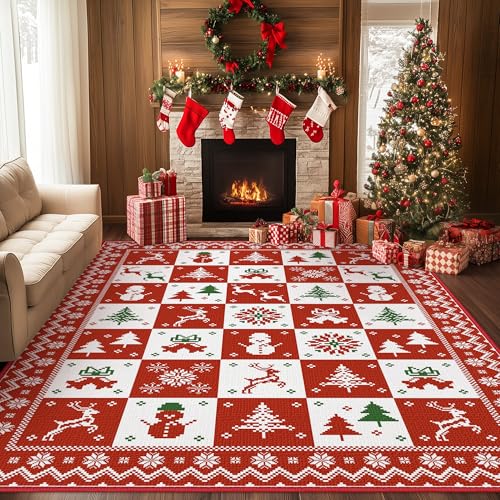 BEIMO Christmas Area Rug 8x10 for Living Room Bedroom, Machine Washable Rug, Indoor Christmas Home Decor, Holiday Print Red Carpet, Low Pile Non Slip Rug with Rubber Backing, Christmas Pattern Print