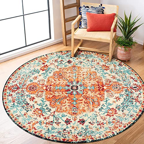 Lahome Washable Round Rugs 5'3"ft, Bohemian Orange Circle Rugs for Living Room, Entryway Round Area Rug, Floral Medallion Soft Non Slip Nursery Carpet for Bedroom Dining Coffee Table