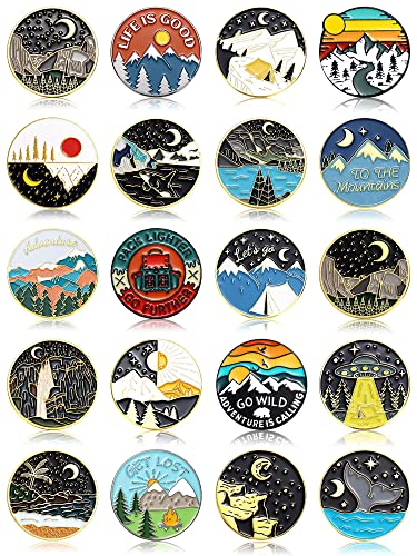 BBTO 20 Pieces Outdoors Enamel Pins Outdoor Enamel Set for Backpacks Aesthetic Set Nature Button Vintage Lapel Camping Pins Cute Brooch Badges(Round Style)