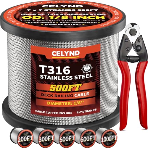 CELYND Stainless Steel Cable for Railing - 500FT 1/8" T316 Wire Rope Cable for Deck Railings System Kit