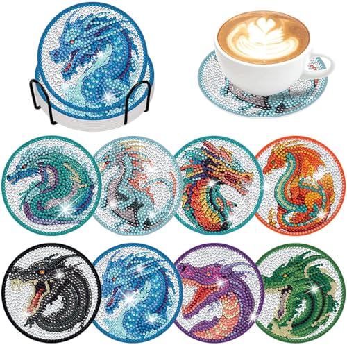 8 Pieces Dragon Diamond Coasters Kits with Holder DIY 3D Dragon Diamond Art Coaster Non Slip Coaster for Adults Diamond Kits Supplies for Christmas Gift