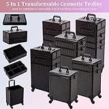 AROUS 5 in 1 Professional Makeup Train Case Aluminum Cosmetic Case Rolling Makeup Case Extra Large Trolley Makeup Travel Organizer, with 360° Swivel Wheels,Black