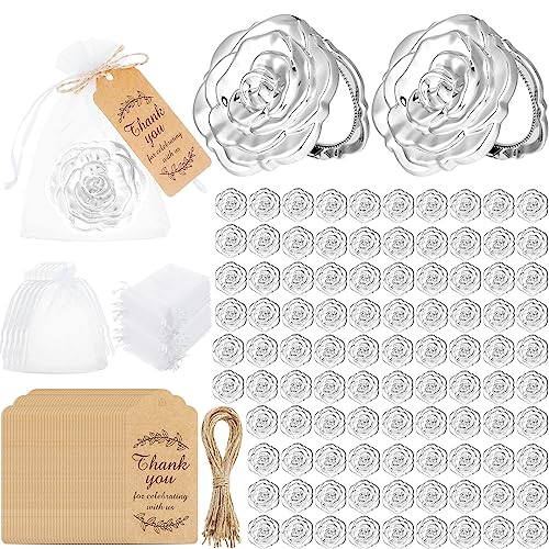 Panelee 96 Set Rose Compact Mirrors Bulk Quinceanera Wedding Party Favors Including Rose Shape Mirrors Thank You Tags and Jute Twine with White Organza Bags for Wedding Guests Souvenir(Silver)