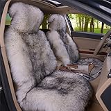 IMQOQ A Pair Genuine Sheepskin Car Seat Covers Luxury Fur Long Wool Car 2 Front Seat Covers Set Winter Warm Universal White Grey