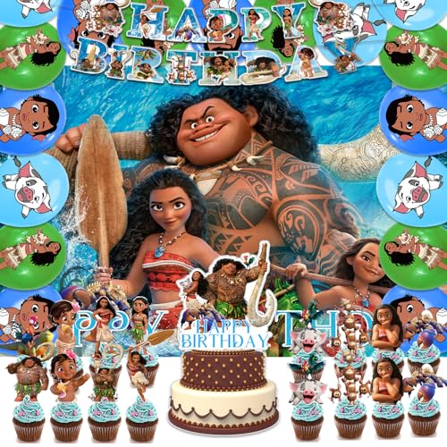 42pcs Moana Birthday Party Supplies Pack Includes，Banner，Cake Topper，Blackdrop,Balloons for Moana party supplies