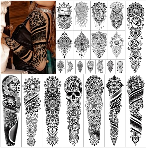 48 Sheets Mandala Flower Bohemia Full Arm Sleeve Temporary Tattoos for Women Girls, Skull Owl Black Fake Tattoos Neck Chest Arm Stickers Waterproof