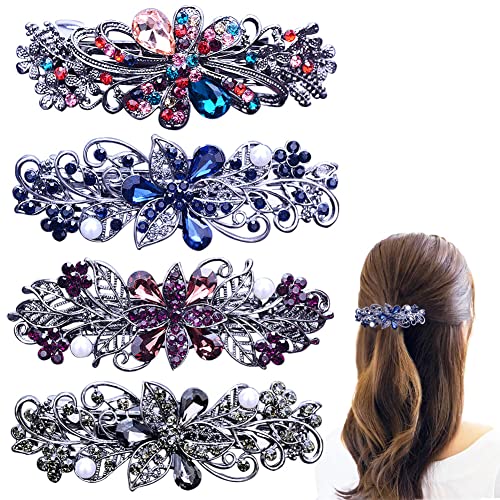 4 PCS Hair Barrettes for Women Ladies, Flower Crystal Rhinestones Barrettes Pearl Spring Hair Clip Accessories Women Fashion Ponytail Holders Barrettes for Daily Wear Mothers Day present