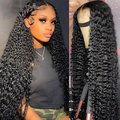 MOONBAY 5x5 Hd Lace Closure Wigs Human Hair Deep Wave Lace Front Wig 200% Density Curly Lace Front Wig Glueless 5x5 Hd Lace Closure Wigs Human Hair for Black Women 100% Virgin Deep Curly Wig 28 Inch