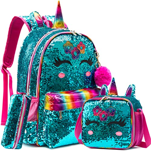 Meetbelify Unicorn Backpack for Gilrs Sequin Backpacks for Elementary Preschool Students Kids School Backpack with Lunch Box for Teen Girls