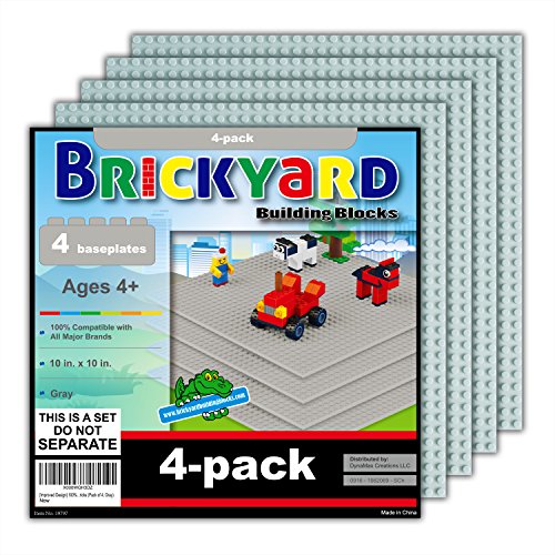 Brickyard Building Blocks Compatible with Lego Baseplate - Pack of 4 Large 10 x 10 Inch Base Plates for Toy Bricks, STEM Activities & Display Table - Gray