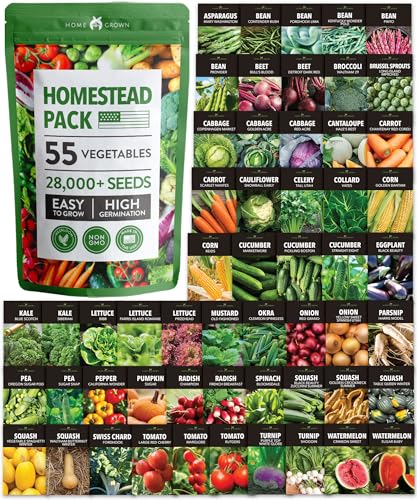 HOME GROWN 55 Vegetable Seeds Pack – 28,000+ 𝗨𝗦𝗔 Heirloom 𝗡𝗢𝗡-𝗚𝗠𝗢 Seeds for Planting – Spring, Fall, Winter Garden Kit – Survival Seed Vault for Preppers & Gardeners – Gift for Men & Women