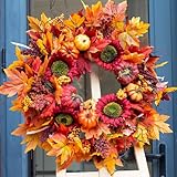 Soomeir Fall Wreath for Front Door, Autumn Maple Leaves Wreaths for Home Porch Decor, Farmhouse Pumpkin Wreaths for Outdoor Table Centerpiece Thanksgiving Halloween Harvest Festival Decor, Green