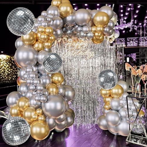 124Pcs Silver and Gold Garland Balloons Metallic Balloon Arch Kit Chrome Silver balloon Disco Ball decorations for Disco Party 60th Birthday Graduation NYE 2025 New Year Party
