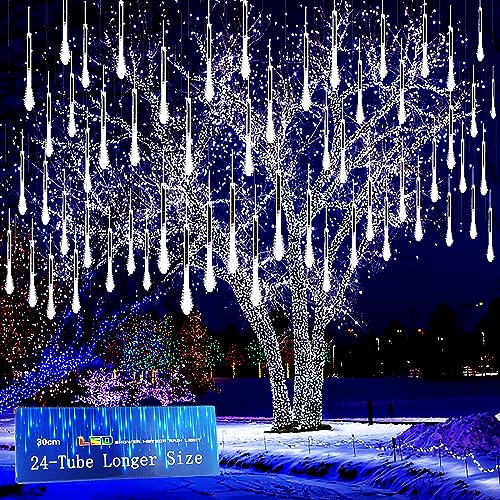 Kwaiffeo Christmas Lights Outdoor, 24 Tubes(Equivalent to 3 Sets of 8-Tubes) Meteor Shower Light Snow Falling Icicle Lights for Xmas Tree Halloween Decoration Wedding Party Window, UL Plug, White