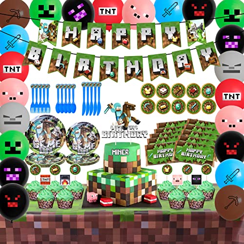 Birthday Party Supplies,130pcs Pixel Theme Style Party Decorations include Big/Small Plates,TableCover,Banner,Knives,Spoons,Forks, Cake and Cupcake Toppers,Chocolate Stickers and Latex Balloons