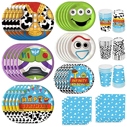 120pcs Toy Birthday Story Party Supplies Paper Plates Napkins Disposable Party Decorations Cartoon Cups for Boys Girl Birthday Decor for 30 Guests