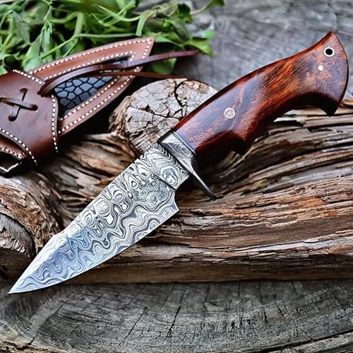 BIGCAT ROAR Predator Hunter - Patented Handmade Damascus Steel Fixed Blade Knife 10" - Walnut Wood Handle & Leather Sheath - Bushcraft Outdoor Camping, Skinning & Survival Knife - Collector Men Gifts