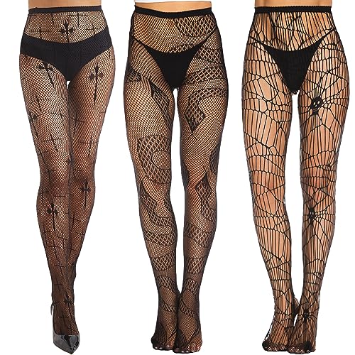MANZI 3 Pairs Halloween Fishnet Tights Black Fishnets Stockings Skull Spider Web Pattern Suspender Tights for Women