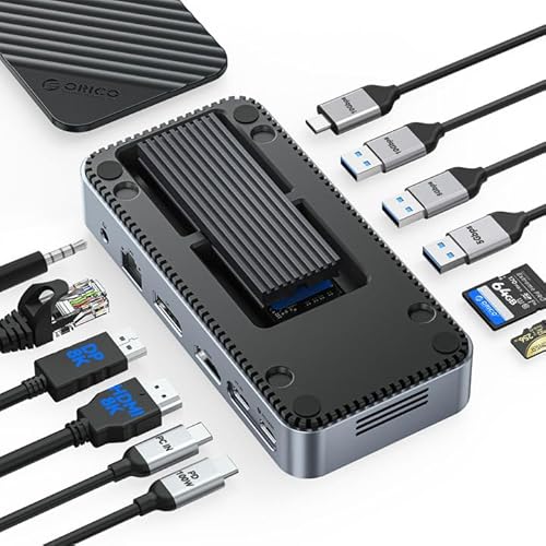 ORICO 12-in-1 USB C Hub with M.2 SSD Enclosure 10Gbps, Tool-Free USB C Docking Station with Built-in Fan, HDMI, DP, Gigabit Ethernet, 100W PD, SD/TF, Audio/Mic, USB A & Type C for Laptop Mac-M2P11