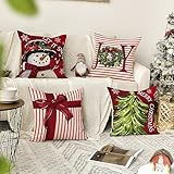 AVOIN colorlife Merry Christmas Let It Snow Joy Stripes Gift Box Red Throw Pillow Covers, 18 x 18 Inch Xmas Tree Holiday Cushion Case Decoration for Sofa Couch Set of 4