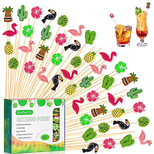 Crafterlife Tropical Cocktail Picks 5" Hawaiian Theme Hibiscus Flamingo Decorative Toothpicks Fruit Dessert Sticks Food Appetizer Skewer for Drinks Beach Luau Decoration Summer Themed Party Supplies