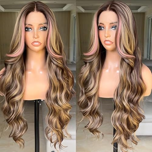 FABÉLLE Pink Highlight Wig Lace Front Wigs 30 Inch Glueless Wig Body Wave for Women Pre Plucked with Baby Hair Highlight Color Forehead Brown Highlight Synthetic Wig