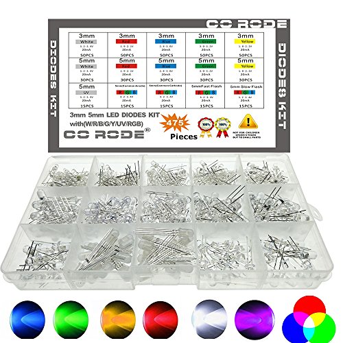 CO-RODE 475pcs Led Diodes, 5mm LED, 3mm LEDs Emitting Diodes, RGB LEDs, 10 Colors, White Red Blue Green Yellow UV, Fast, Slow Flashing, RGB, 0.006 Watts