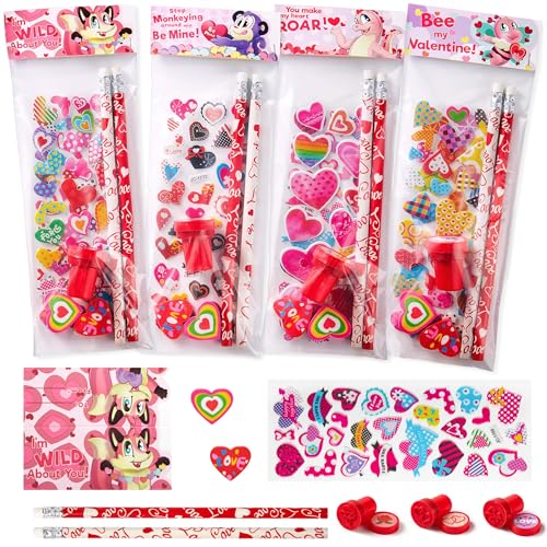 JOYIN 36pcs Valentine Stationery Kids Gift Set, Classroom Exchange Party Favor for Holiday Reward Prizes - Includes Pencils, Erasers, Stamper, Stickers